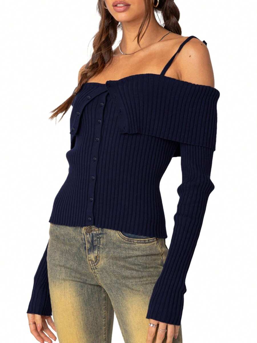 Women's Autumn Slim Knit Tops Solid Color Off Shoulder Long Sleeve Sweaters Knitwear - Blue - View 1