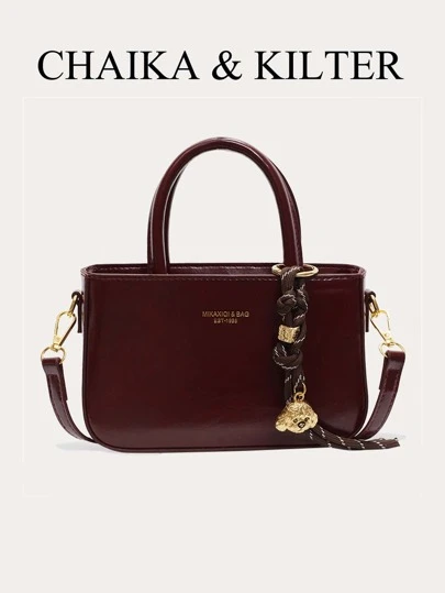 1 件 CHAIKA & KILTER 纯色 PU 皮革手提包，女士时尚方形手提包，带字母双顶部提手，可调节肩带，拉链开合，适合日常、约会、通勤（带吊坠），最佳母亲节礼物女士，商务休闲女包，非常适合办公室商务和工作