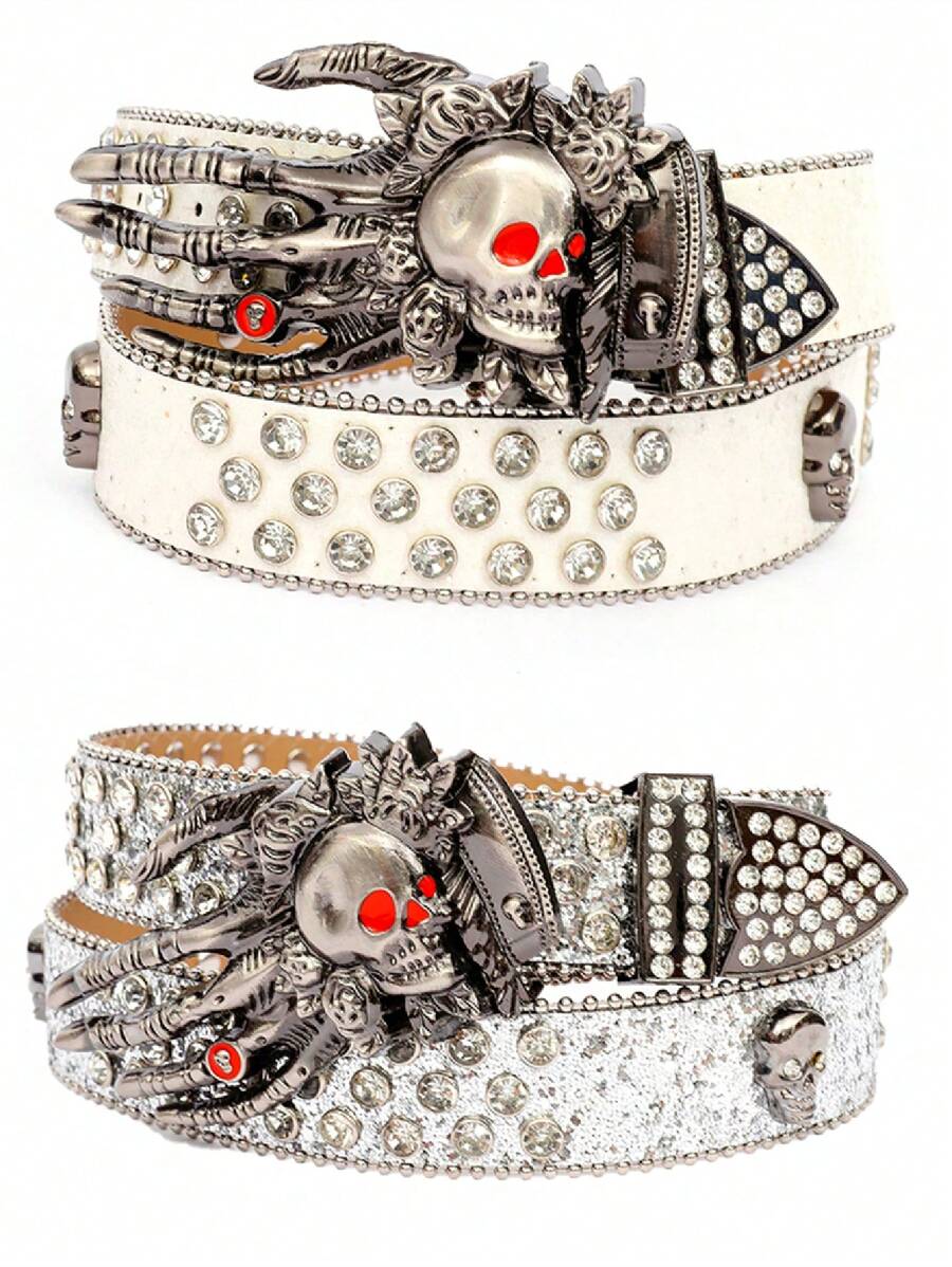 男士纯色街头水钻镶嵌时尚骷髅幽灵爪元素嘻哈腰带，适合夏季、校园休闲、商务场合，可作为男友、丈夫、父亲等男士礼物，日常穿着，时尚百搭，适合青少年、户外、度假、运动、旅行、街头、波西米亚风、复古秋季、万圣节等秋冬季配饰，适合青少年、青年、男士，休闲、户外、运动、度假、毕业礼物、生日礼物、日常穿着。 - 彩色 - 查看 1