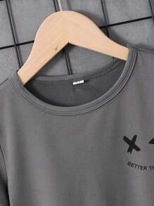 2 Pieces Set Young Boy Casual Slogan Graphic Patchwork Short Sleeve T-Shirt & Shorts Outfit, Suitable For Summer Outdoor, Casual Daily Wear, Going To School - Grey - View 3