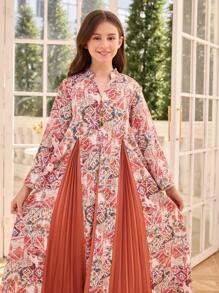 Tween Girl Random Print /Saudi Arabian Style Casual Loose Dress Robe - Multicolor - View 7