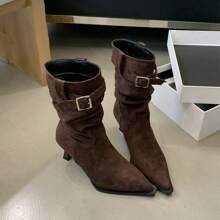 Suede Pointed Pleated Pile Style Boots Women's Ancient High Heel Boots Stiletto Heel Western Denim Boots - 棕色 - 查看 1