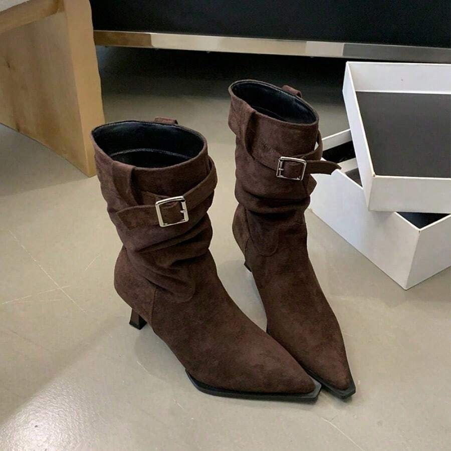Suede Pointed Pleated Pile Style Boots Women's Ancient High Heel Boots Stiletto Heel Western Denim Boots - 棕色 - 查看 1