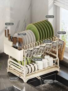 1pc Dish Drying Rack, A Two-Tier Dish Rack Featuring A Drainboard, Multifunctional Dish Drainer, Includes A Cutting Board Holder, Utensil Holder, And Cup Holder,