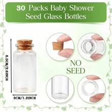 VICKYO 30 conjuntos de lembrancinhas para chá de bebê, pacotes de sementes para convidados, incluindo 30 garrafas de vidro de 25 ml com rolhas, 30 cartões, 30 saquinhos de organza e 1 barbante, adequados para festa de revelação de gênero, casamento, aniversário, sem sementes