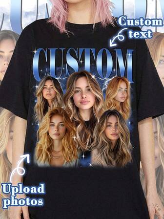 Customized Girlfriend Bootleg Rap T-Shirt, Customized Girlfriend Face Pattern, Customized Retro 90s Pattern, Women's Summer Clothing, Women's Summer Wear, Women's Vacation Outfit, Suitable For Back To School Season, Back To School, Oktoberfest, Saudi National Day, Halloween, Women's 4th Of July Outfit, Summer Wear, Vintage Style Women, Autumn Women's Clothing, Back To School, School Outfit, Start Of School Outfit, Graphic Short Sleeve T-Shirt, Valentine's Day Gift, Gift For Girlfriend/Wife, Valentine's Day Gift