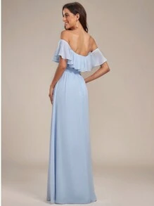 EVERPRETTY Off-Shoulder Ruffle Sleeve Side Slit A-Line Chiffon Blue Bridesmaid Dress, Wedding Guest Dress, Wedding/Vacation/Graduation Ceremony - Baby Blue - View 3