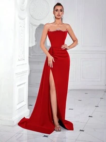 ADYCE Women's Strapless Diamond Decor High Waist Long Slit Backless Maxi Formal Gown, Suitable For Wedding Guest, Graduation Ceremony, Formal Dinner, Party And Other Occasions - Red - View 6