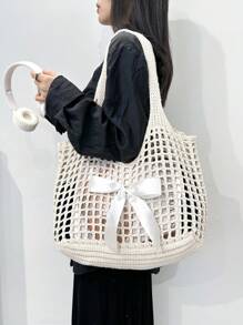 ENBEI BAIZE Summer Lightweight Casual Hollow-Out Beach Bag, White Woven Tote Handbag, Large Capacity Handbag, Suitable For Travel, Outdoor Activities And School. Travel Essential, Holiday Essential, Multifunctional Kitchen Storage Lunch Bag, Suitable For Beach Vacation Or Easy Carrying, Elegant Wedding Season - Beige - View 8