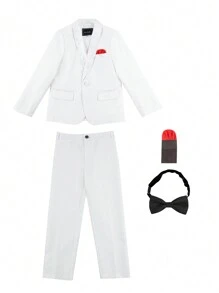 4 件套男童西装套装：夹克 + 背心 + 裤子 + 领结，适合婚礼、庆典和日常穿着 - 白色 - 查看 5