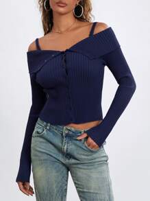 Women's Autumn Slim Knit Tops Solid Color Off Shoulder Long Sleeve Sweaters Knitwear - Blue - View 6