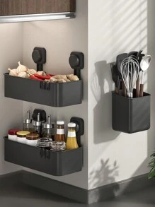 1pc Wall-Mounted Suction Cup Shelf, No-Drill Kitchen Bathroom Organizer, Large Capacity Storage For Spices And Supplies, Ideal For Halloween And Christmas Gifts - Multicolor - View 12