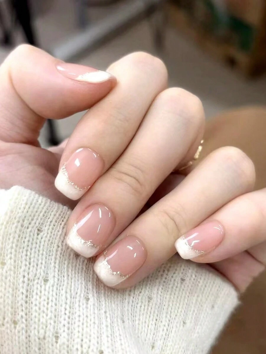24pcs short coffin shaped simple clean silver edged milky white