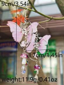 2pcs Fashion Sweet Romantic Soft Metallic Natural Stone Fairy Long Butterfly Mushroom Crystal Tassel Earrings, Suitable For Women's Daily, Vacation, Party, And Social Occasions - 紫色 - 查看 3