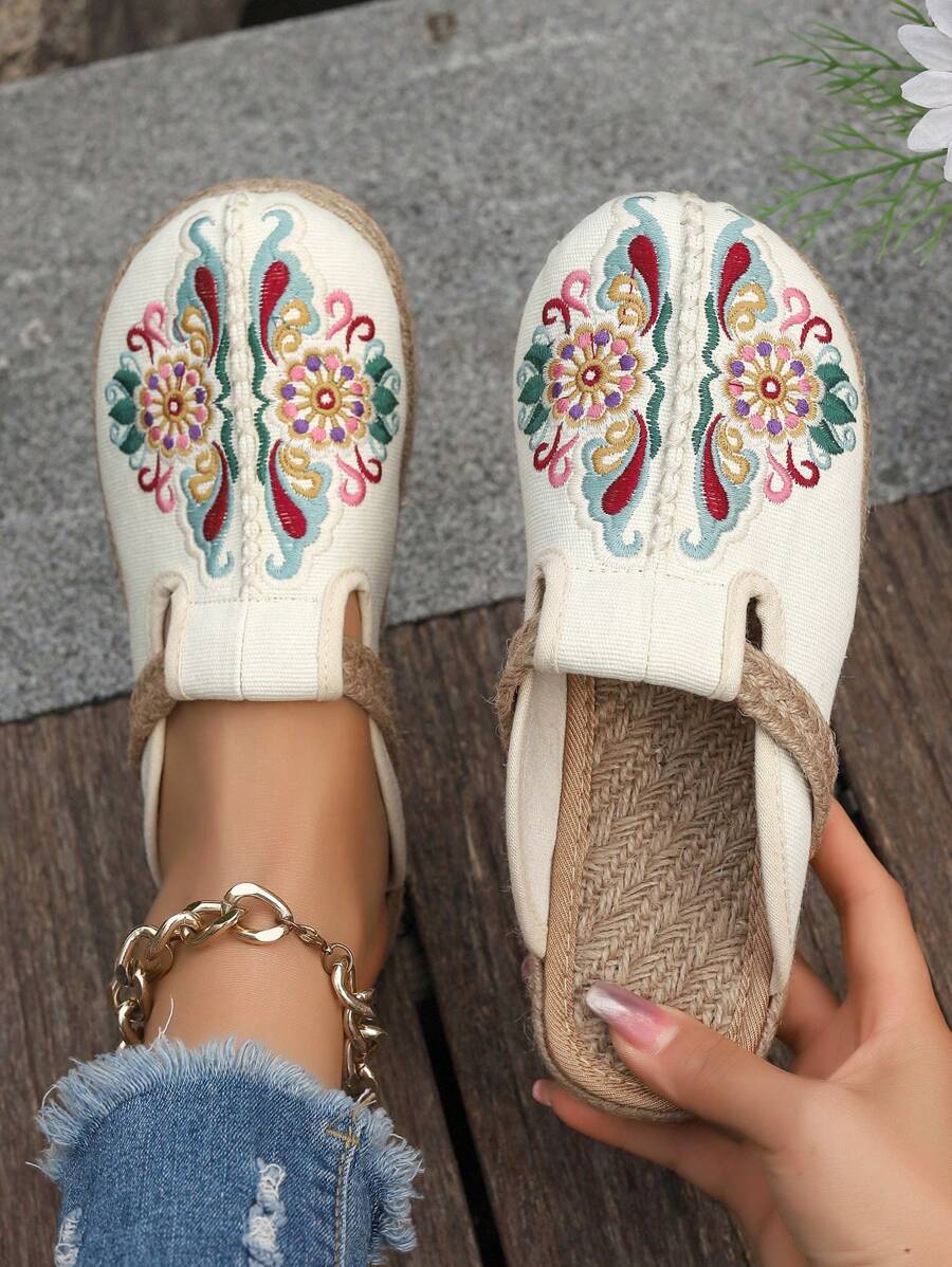 Zapatos planos con estampado floral para mujer de otoño/invierno, tipo mule casual, de slip-on, ligeros y cómodos