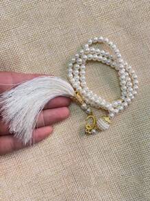1 pieza 99 cuentas de oración de perlas falsas de vidrio de 6mm, pulsera con borla, pulsera de mano, decoración de muebles