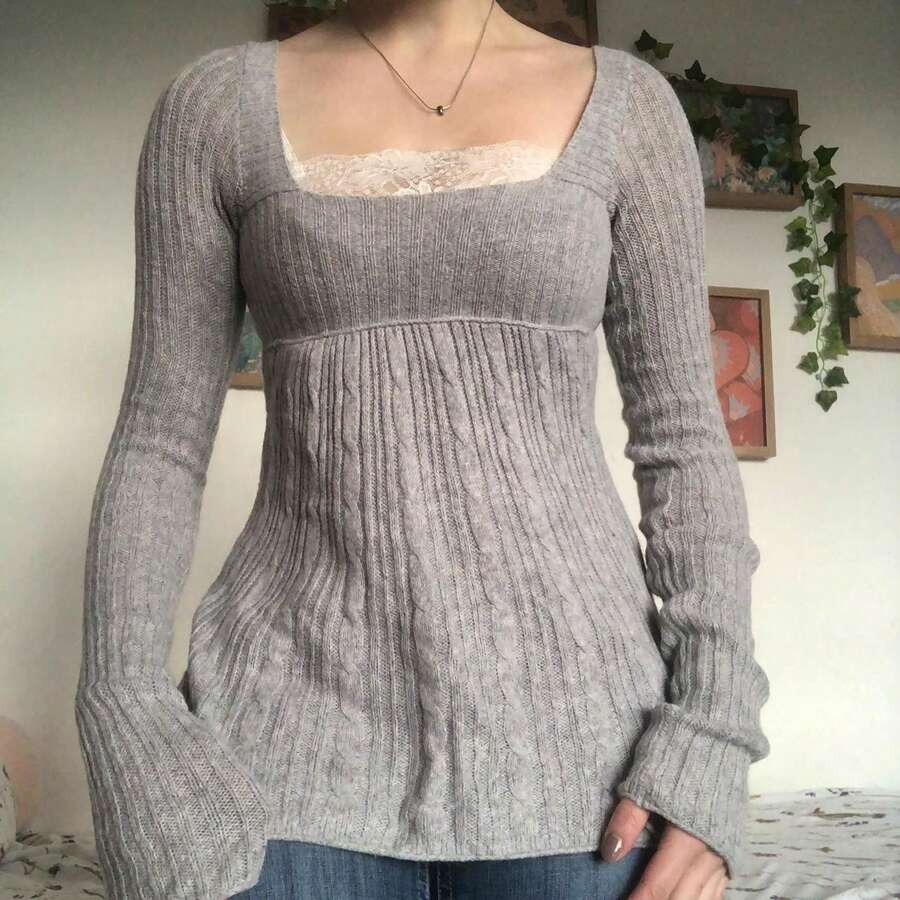 Long Sleeve Shirts For Women Casual Square Neck Tops Lightweight Blouses T-Shirts - Grey - View 1