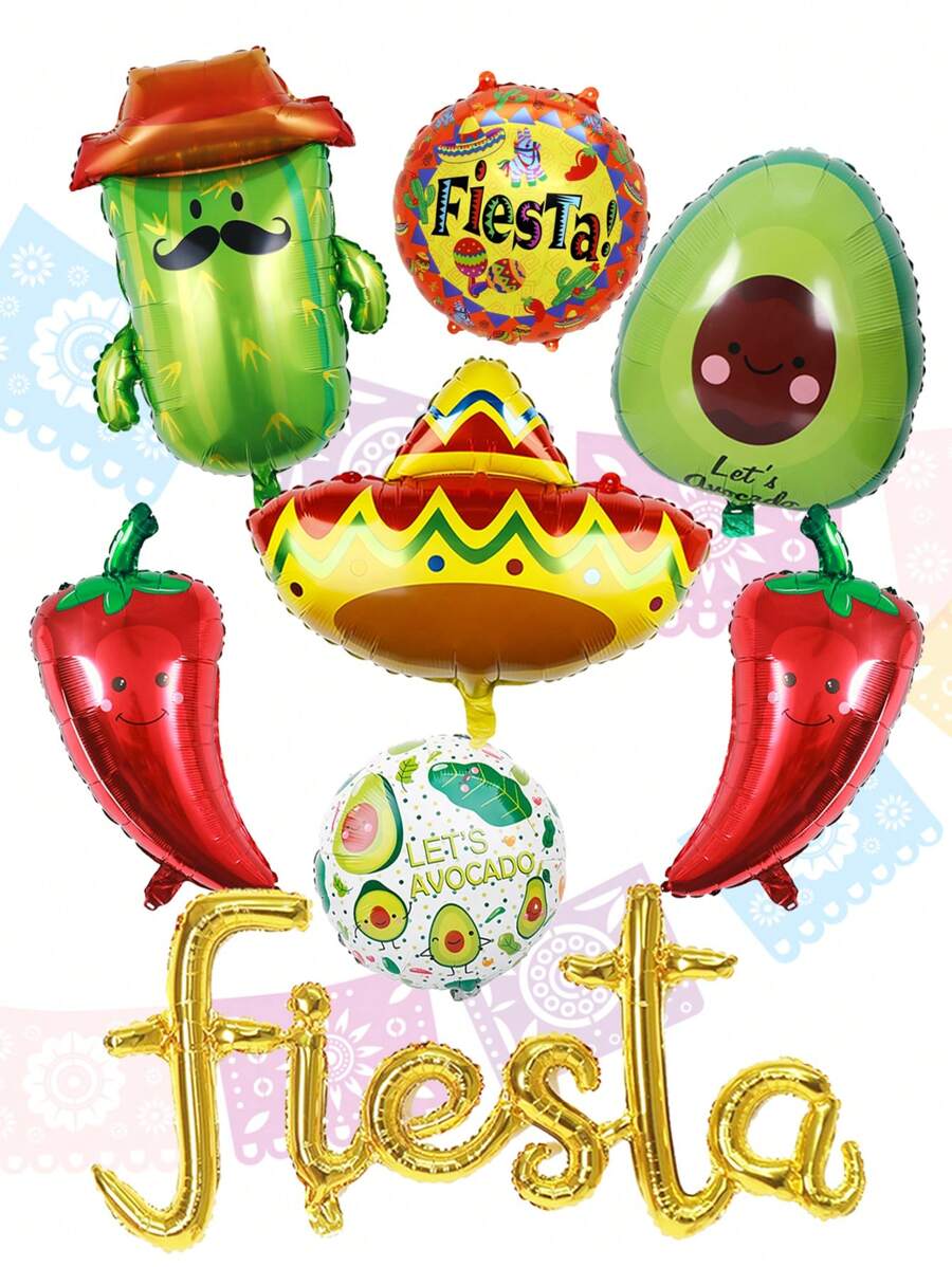 8pcs Gold Foil Balloon Set, Includes Cactus, Chili, Hat & Balloon Shapes, Suitable For Mexican Carnival Party Decorations, Mexican Theme Party Decor, Carnival Party Supplies, Home Party Decorations
