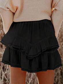 Women's Summer Skorts Casual Layered Ruffles Solid High Waist Mini Skirts With Shorts - màu đen - Xem 5