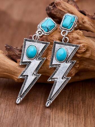 MONLOTTI 1 对复古西部乡村复古风格创意闪电绿松石吊坠耳环，波西米亚风格女士珠宝，适合日常佩戴、节日、派对/珠宝礼物