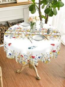 1pc 152*152cm Round Tablecloth With Wild Flowers & Green Grass, Soft Peach Velvet Spring Watercolor Floral Tablecloth, Spring Dining Table Party Tablecloth Decor, Party Decoration Tablecloth, Kitchen Decor Table Runner, Room Decor Table Runner, Home Decor Tablecloth Set, Spring Party Gift - Wildflowers Green Grass Round - View 8
