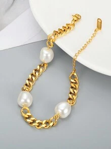 MONALLY 18K 镀金不锈钢首饰 1 件奢华优雅仿珍珠金球心形吊坠链手链 适合女性 教师母亲节礼物 适合日常通勤 情人节、妈妈、母亲、母亲节、礼物 - 珍珠手鍊 - 查看 7