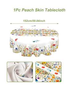 1pc 152*152cm Round Tablecloth With Wild Flowers & Green Grass, Soft Peach Velvet Spring Watercolor Floral Tablecloth, Spring Dining Table Party Tablecloth Decor, Party Decoration Tablecloth, Kitchen Decor Table Runner, Room Decor Table Runner, Home Decor Tablecloth Set, Spring Party Gift - Wildflowers Green Grass Round - View 4