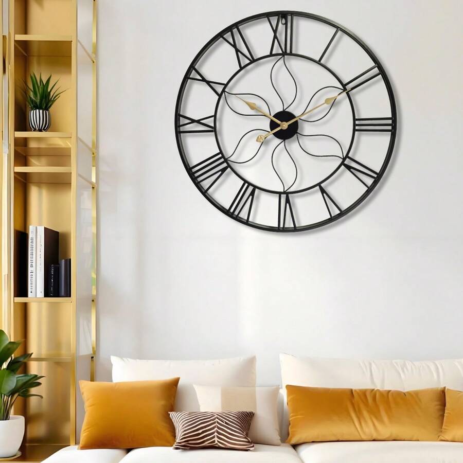 28 Inch Large European Vintage Style Metal Wall Clock, Silent Movement, Rustic Garden Decoration, Fashionable Creative Clock For Outdoor And Indoor Use - 黑色 - 查看 1