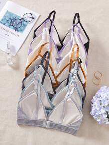 7PCS Women's Simple Casual Rib Solid Color Bra, Soft, Breathable, Wireless, Comfortable At Home Style Bra Underwear. - 彩色 - 查看 3