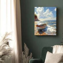 Wrapped Framed Canvas Vintage Wall Art Print Serene Beachscape With Boat - Artful Home Decor For Living Room, Bedroom, Bathroom, Office