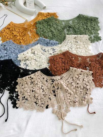 1 pieza Cárdigan de punto de encaje calado de unicolor para mujer, bufanda decorativa de cuello, elegante y versátil para protección solar, ideal para vacaciones, exteriores, fiestas, viajes, primavera/verano/otoño para vestir