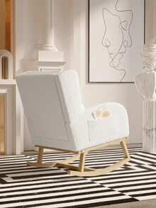 Sedia a dondolo, sedia a dondolo morbida e imbottita con cuscino lombare, tasca laterale, poltrona reclinabile con struttura in legno, tessuto teddy, per soggiorno, camera da letto, beige - Bianco - Visualizzare 7