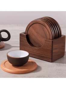 1set Black Walnut Wooden Cup Coasters, Round&Square Wooden Mug Mat, Heat Resistant Coffee Pad, Tea Accessories Collection