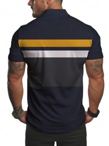 男士时尚短袖运动 Polo 衫，3D 数码印花纽扣休闲 Polo 衫，夏季 - 藏蓝色 - 查看 4