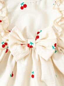 Baby Girls Ruffle Hem Cherry Print Bubble Ruche Short Sleeve Sweet Dress With Headscarf, Suitable For Outdoor Vacation, Photoshoot, Casual