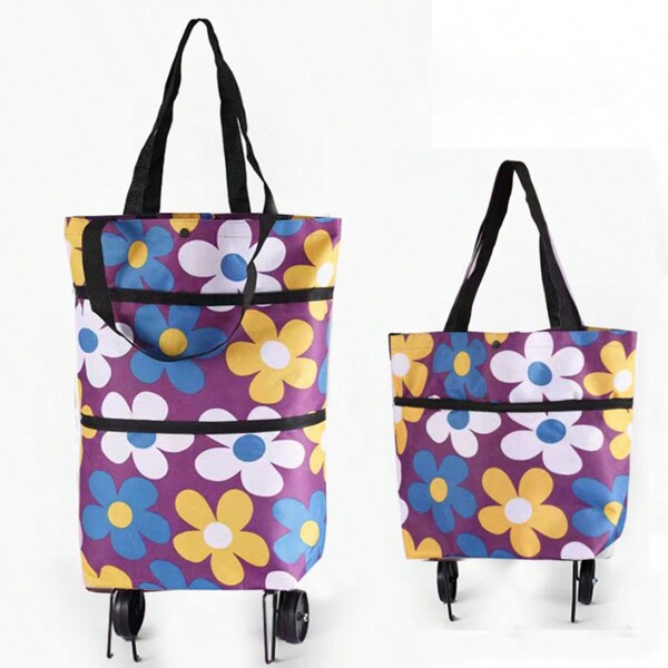 Foldable Shopping Bag With Wheels, Lightweight Portable Grocery Basket, Reusable Grocery Tote Bag