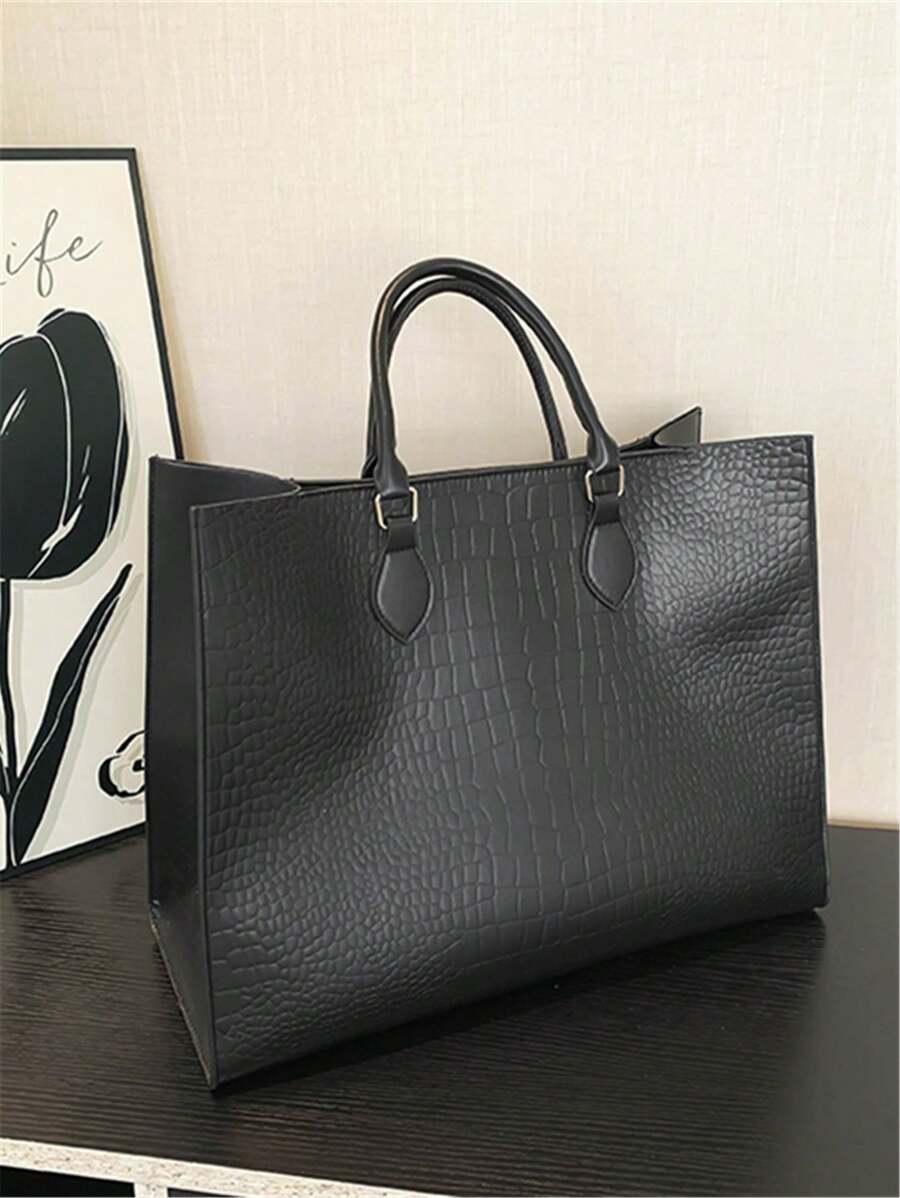 奢华复古黑色大容量手提包，新款秋冬时尚百搭别致大号鳄鱼压纹女士手提包，适合上班通勤、笔记本电脑包、日常外出、妈妈包、多功能旅行包、男女通用超大随身行李包