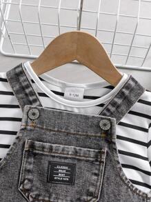 2pcs/Set Baby Boy Denim Overall + Striped Short Sleeve Top - Black - View 3