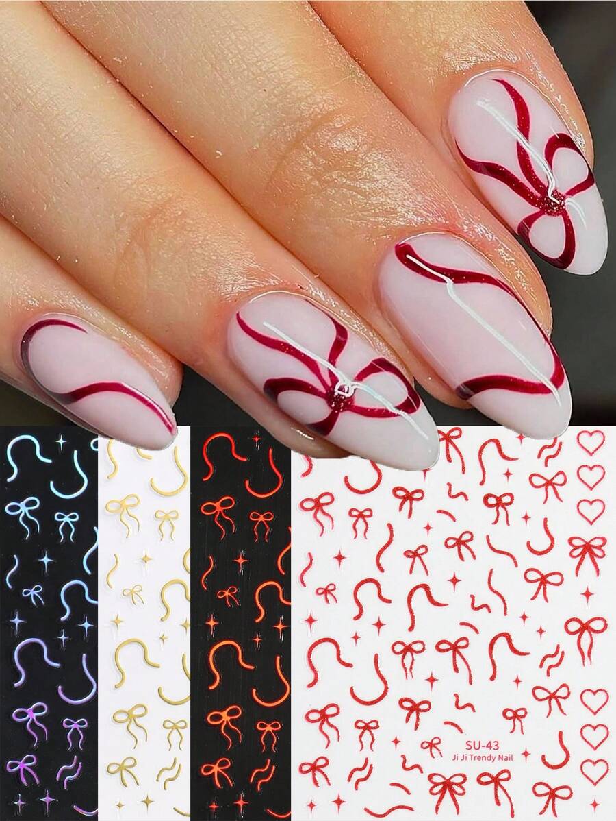 4 张闪光蝴蝶结美甲贴纸，情人节优雅线条 3D 红金激光粉色蝴蝶结丝带蝴蝶结星空心设计自粘指甲贴花女士 DIY 美甲用品 - 彩色 - 查看 1