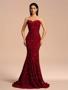 无袖露肩亮片美人鱼晚礼服、派对礼服、婚礼宾客礼服、正式礼服、晚礼服