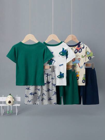 Bộ 6 món/Bộ đồ ngủ tay ngắn in họa tiết khủng long hoạt hình nhiều màu sắc cho bé trai, , Nhẹ, Đồ mặc nhà mùa hè cho bé trai