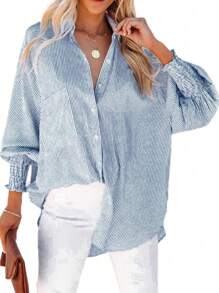 Plus Button Puff Sleeve Striped Shirts - Blue - View 1