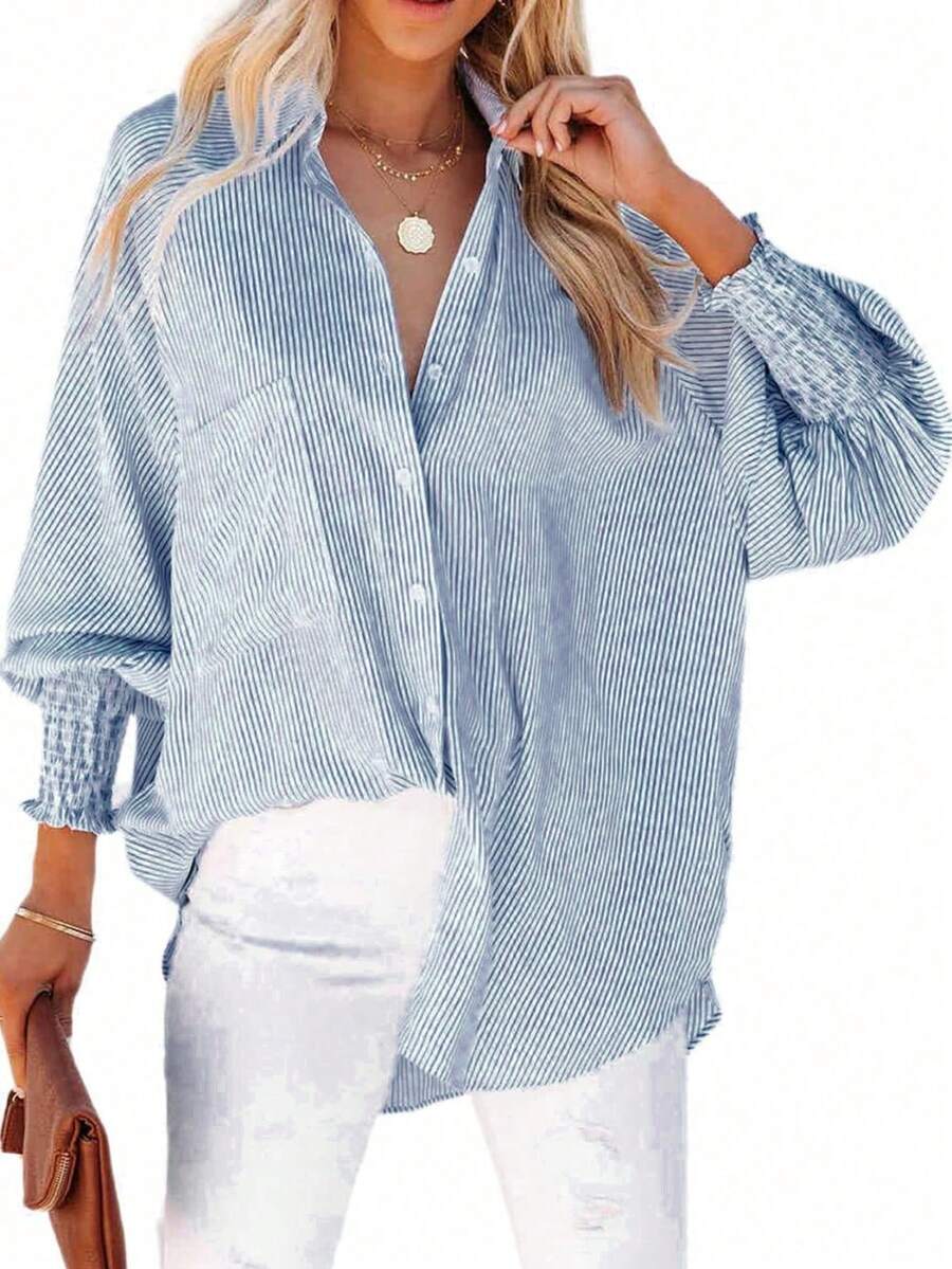 Plus Button Puff Sleeve Striped Shirts - Blue - View 1