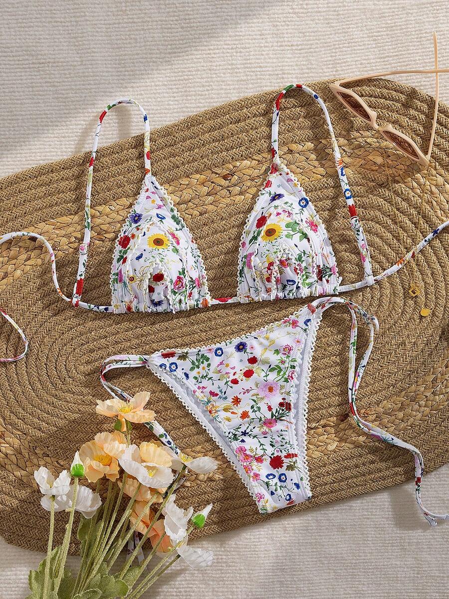 全新柔软印花可调节肩带海滩派对细肩带比基尼套装，性感优雅女士夏季海滩时尚泳装