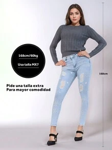 Pantalones vaqueros desgastados con roturas y con incrustaciones de perlas, pantalones vaqueros de talle alto para mujer con incrustaciones de perlas, pantalones vaqueros azules para mujer con incrustaciones de perlas, ropa casual para mujer, salidas informales de mujer - Lavado ligero - Ver 7