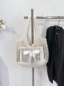 ENBEI BAIZE Summer Lightweight Casual Hollow-Out Beach Bag, White Woven Tote Handbag, Large Capacity Handbag, Suitable For Travel, Outdoor Activities And School. Travel Essential, Holiday Essential, Multifunctional Kitchen Storage Lunch Bag, Suitable For Beach Vacation Or Easy Carrying, Elegant Wedding Season - Beige - View 11