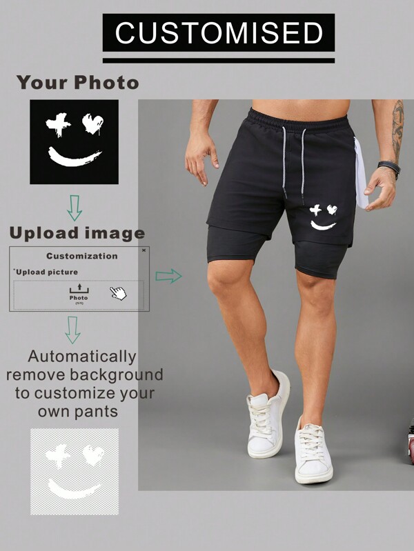 Pantalones cortos de verano personalizados para hombres, agrega tu propia imagen, logo, gráficos, elimina el fondo automáticamente, diseño personalizado, shorts deportivos de doble capa con bolsillos y cremallera, cintura elástica, estilo casual de novio, adecuado para deportes al aire libre, fitness, running, regalo para novio, familia, amigos, vacaciones, Navidad
