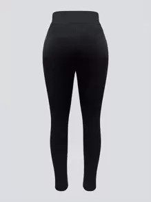 2 piezas Pantalones de talle alto de mujer en unicolor, leggings de uso diario casual de piel sintética con parches y bolsillos con cremallera, ropa de mujer