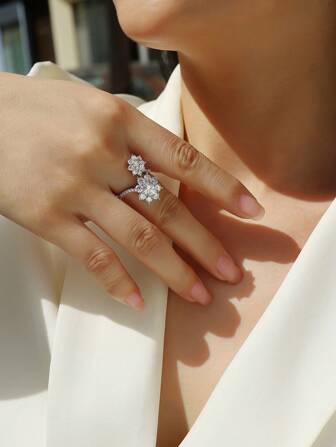 1pc Moissanite Floral Cluster Ring, Elegant Style 925 Sterling Silver 18K Gold Plated, Adjustable Size, Double Flower Design, Hypoallergenic & Nickel-Free, Comes With GRA Certificate, Suitable For Wedding, Proposal, Party And Daily Wear