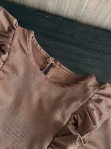 Young Girl Casual Loose Corduroy Frill Trim Long Sleeve Dress, Spring & Autumn - Brown - View 3